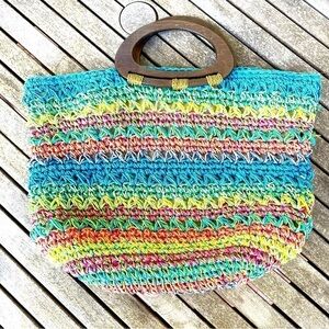 Chico's Straw Woven Multicolor Beach Tote Purse Lined Wood Handles